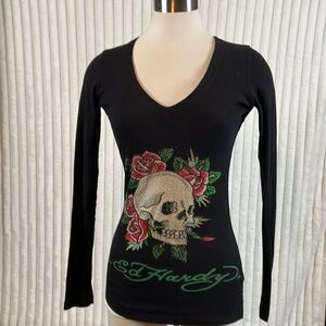 Ed Hardy long sleeve V-neck skull bling T-shirt sz Small